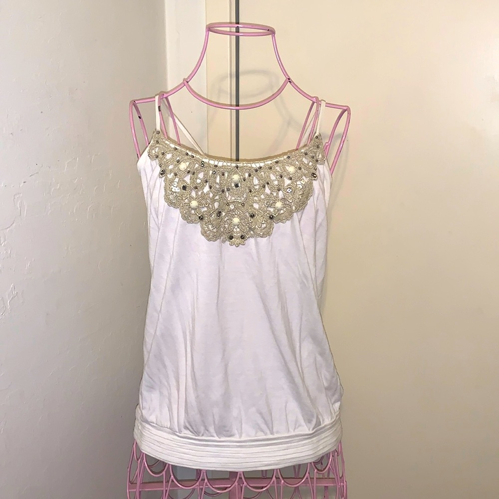 🎁Like New Express White/Gold Beaded Camisole- XS